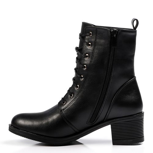 Faux Leather Lace-Up Block Heel Boots – Black