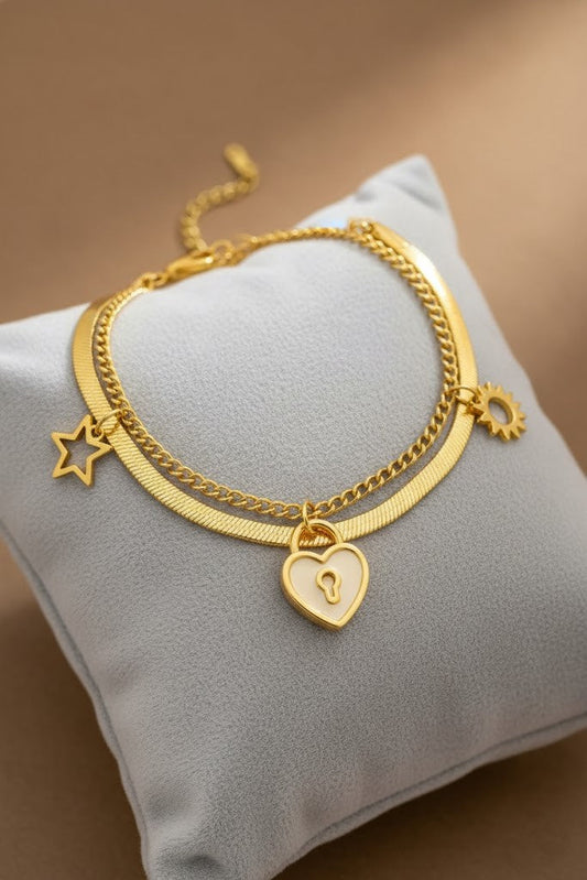 Stainless Steel Double Layer Star, Heart & Sun Charm Bracelet – Gold