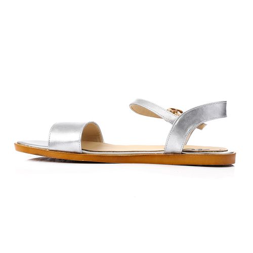 Faux Leather Flat Ankle Strap Sandals - Silver
