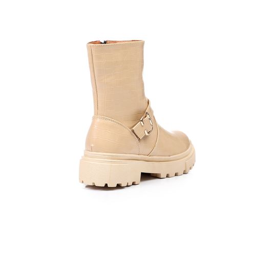 Faux Leather Chunky Buckle Boots – Beige