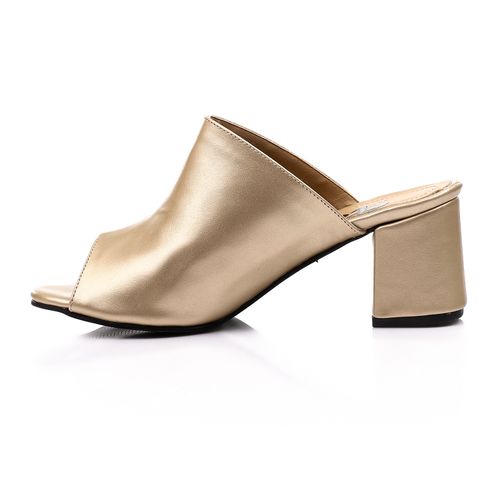 Faux Leather Peep-Toe Block Heel Mules - Gold