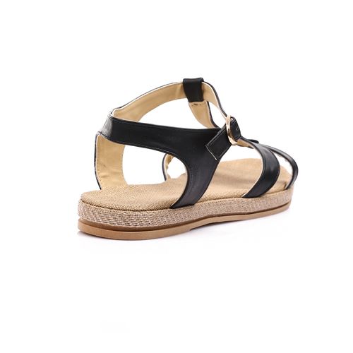 Faux LeatherCriss-Cross Jute Flat Sandal - Black