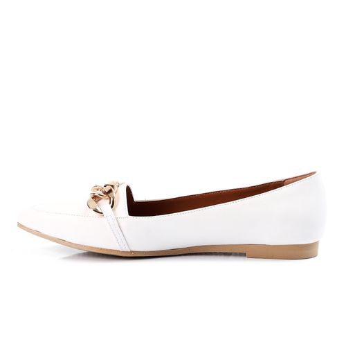 Faux Leather Chain Accent Pointed Flats – White