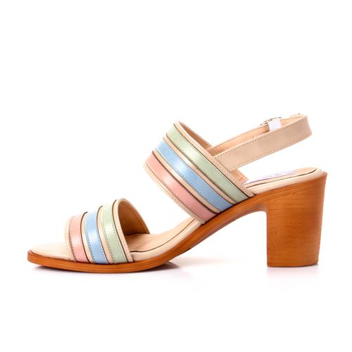 Faux Leather Pastel Striped Block Heel Sandal - Multicolor