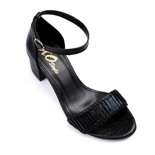 Faux Leather Textured Block Heel Sandals - Black