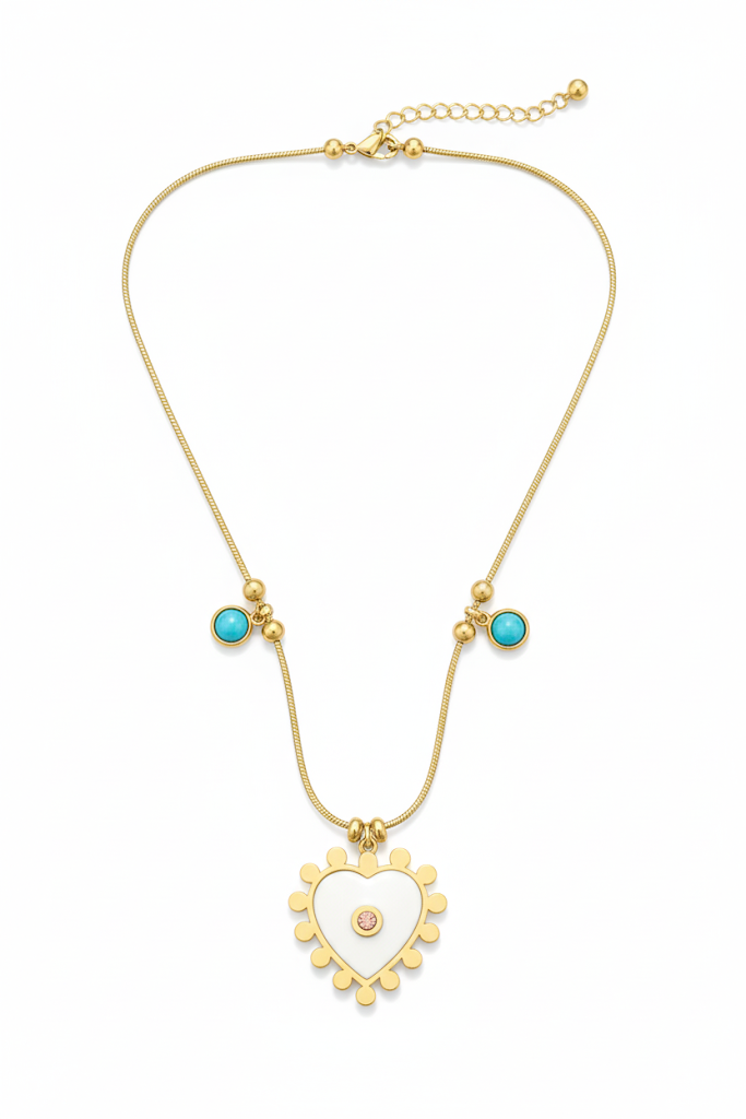 Stainless Steel White Enamel Heart Pendant Necklace – Gold