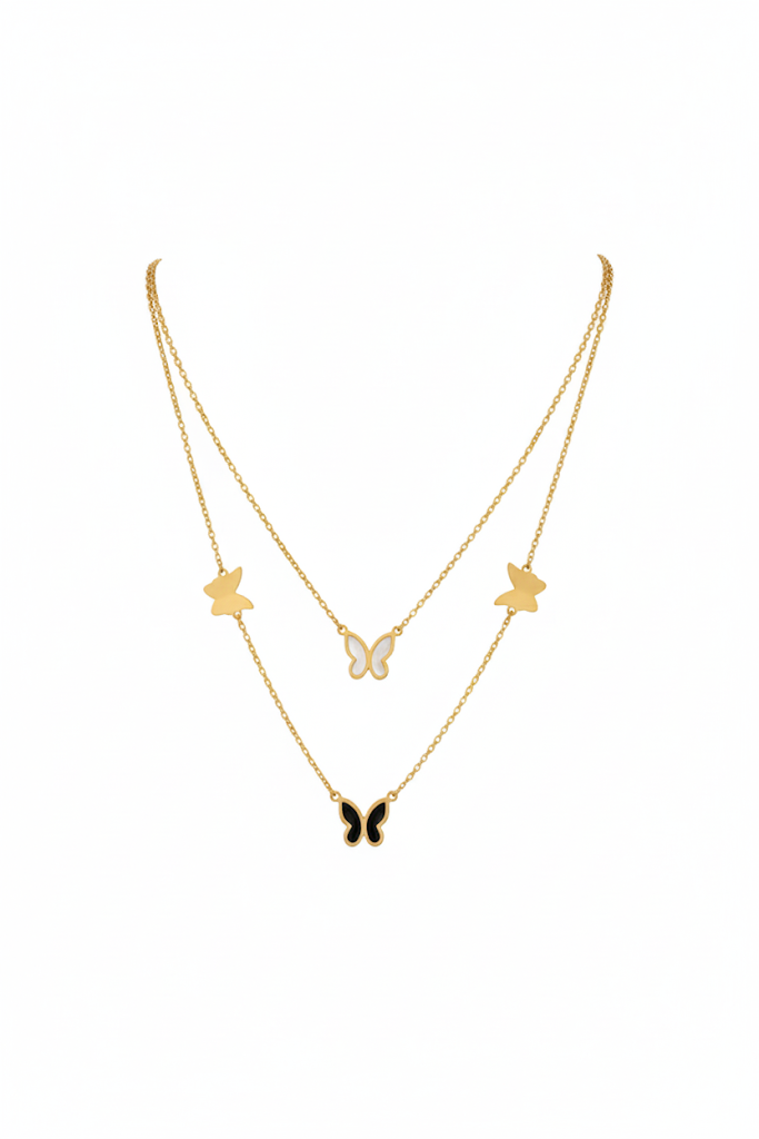 Stainless Steel Double-Layer Butterfly Charm Necklace – Gold