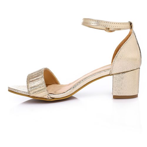Faux Leather Textured Block Heel Sandals - Gold