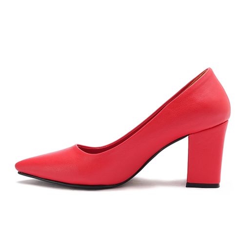Faux Leather Block Heel Pumps - Red