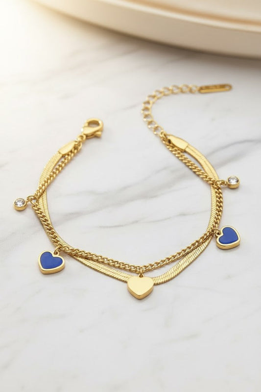 Stainless Steel Layered Hearts & Enamel Bracelet – Gold