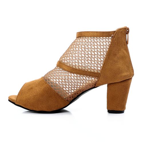 Faux Suede Mesh Peep-Toe Block Heel Sandals – Light Tan
