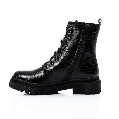 Faux Leather Croc-Embossed Combat Boots - Black