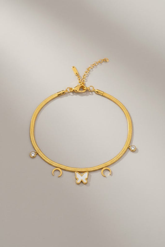 Stainless Steel Butterfly & Crescent Charm Bracelet – Gold