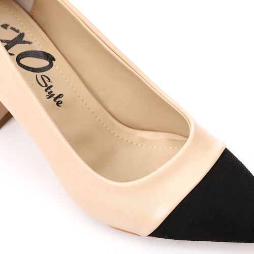 Faux Leather Bi-Tone Cap Toe Block Heels - Beige