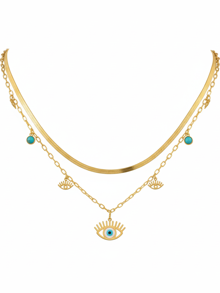 Stainless Steel Layered Evil Eye Charm Necklace – Gold
