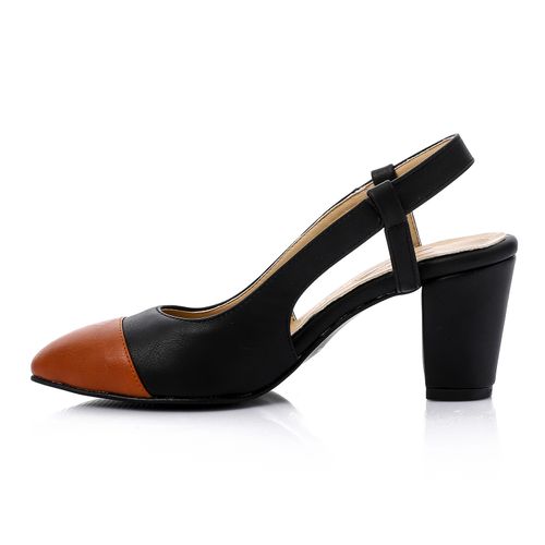 Faux Leather Cap Toe Slingback Block Heels - Black