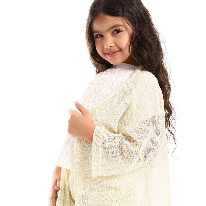 3/4 Sleeves Knitted Pattern Open Neckline Girls Cardigan Set