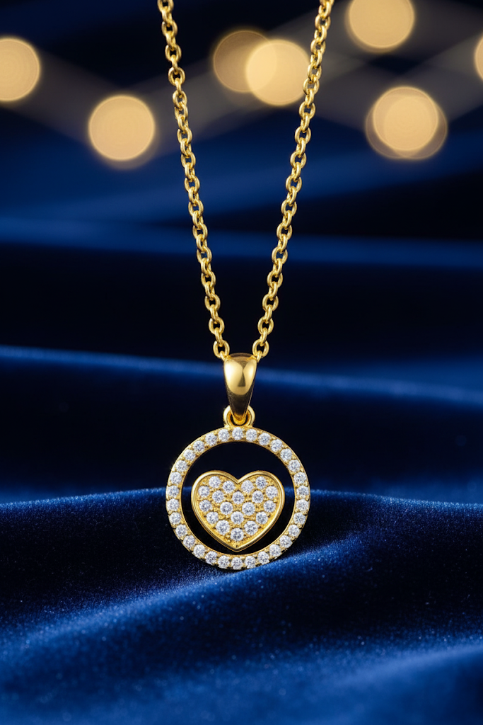 Stainless Steel Crystal Paved Heart Pendant Necklace – Gold