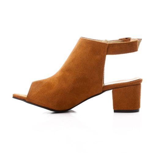 Faux Suede Peep Toe Block Heel Sandal - Tan