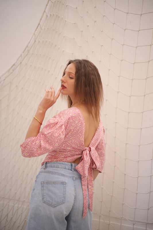 Linen Floral Blouse - Pink