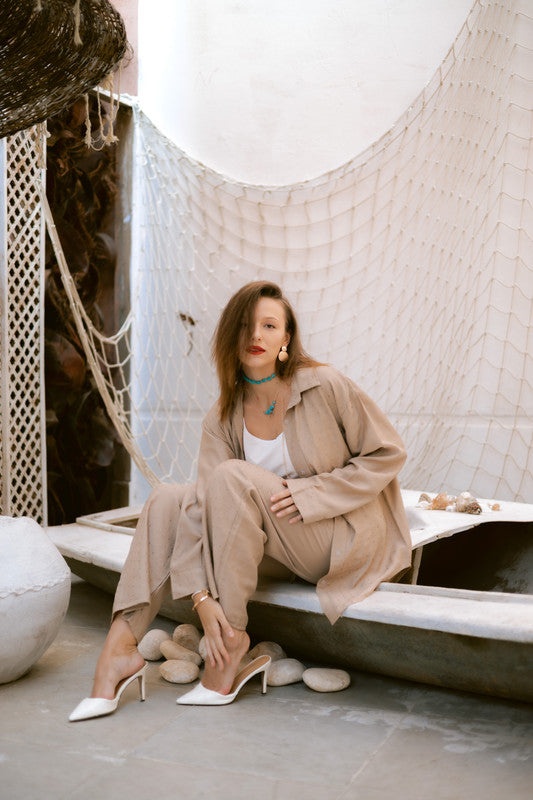 Linen Embellished Set - Beige