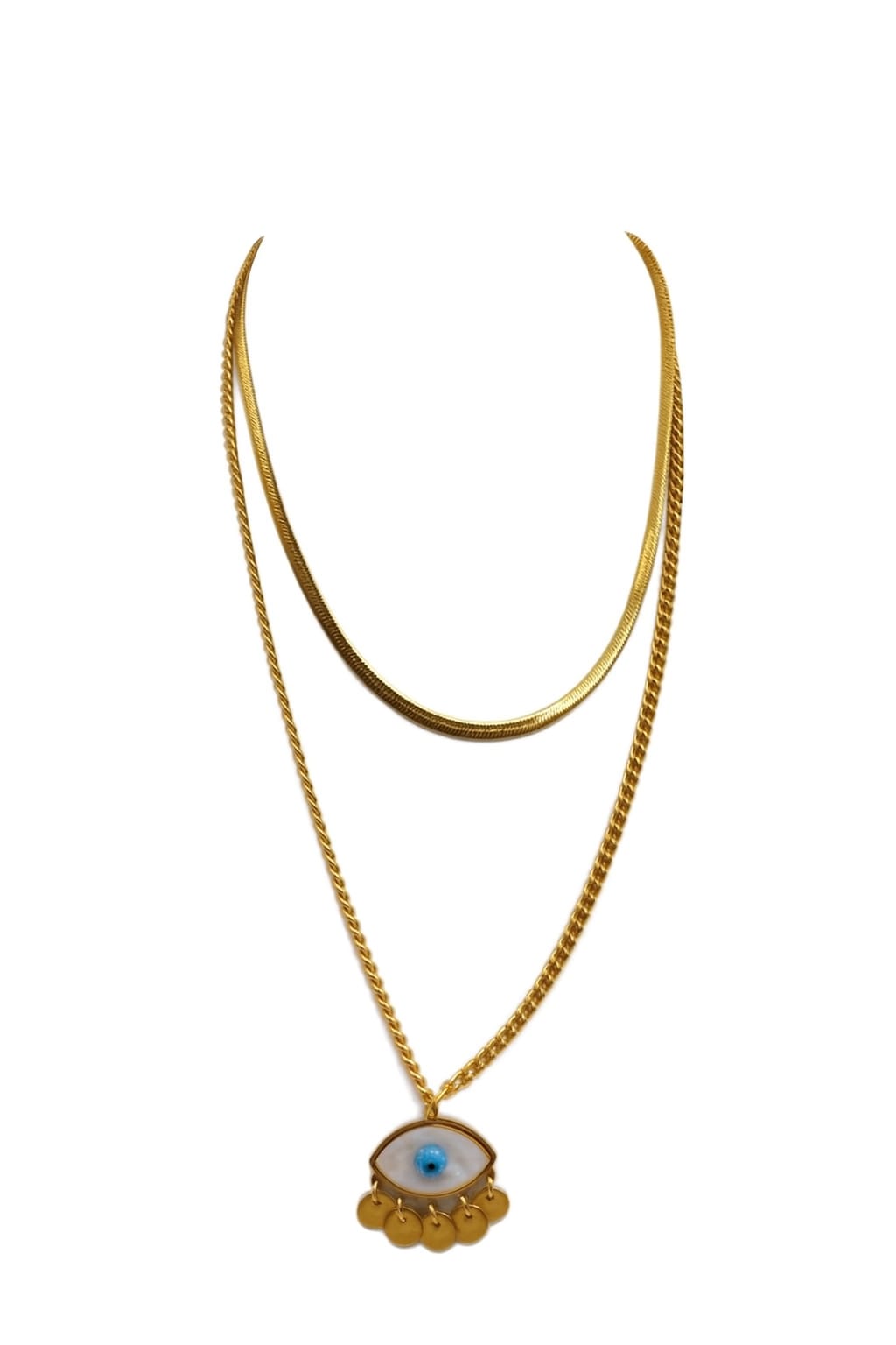 Stainless Steel Layered Evil Eye Pendant Necklace – Gold