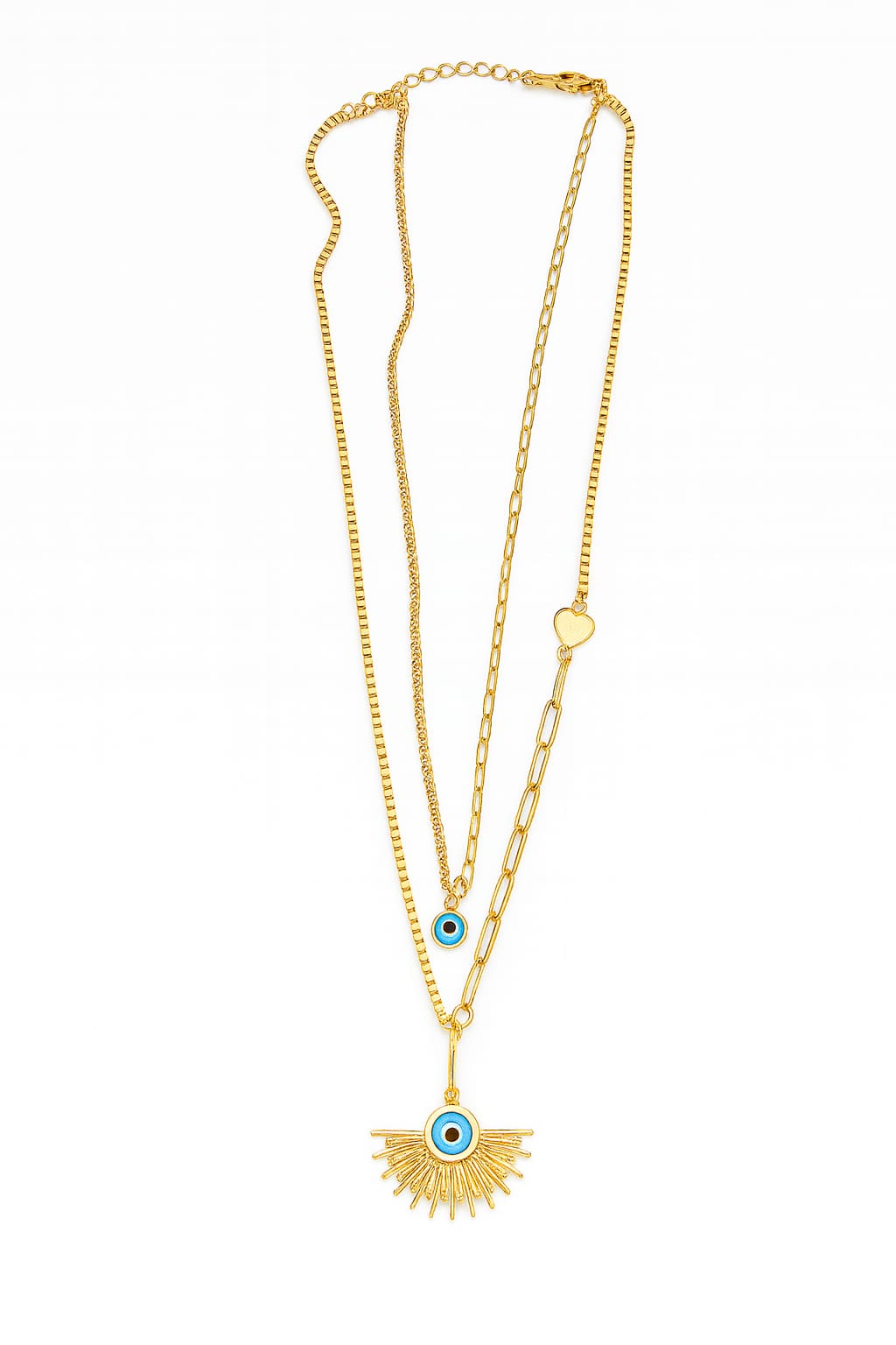 Stainless Steel Double Layer Blue Eye Charm Necklace – Gold