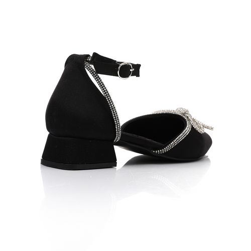 Satin Pointed Bow Low-Heel Pump - Black