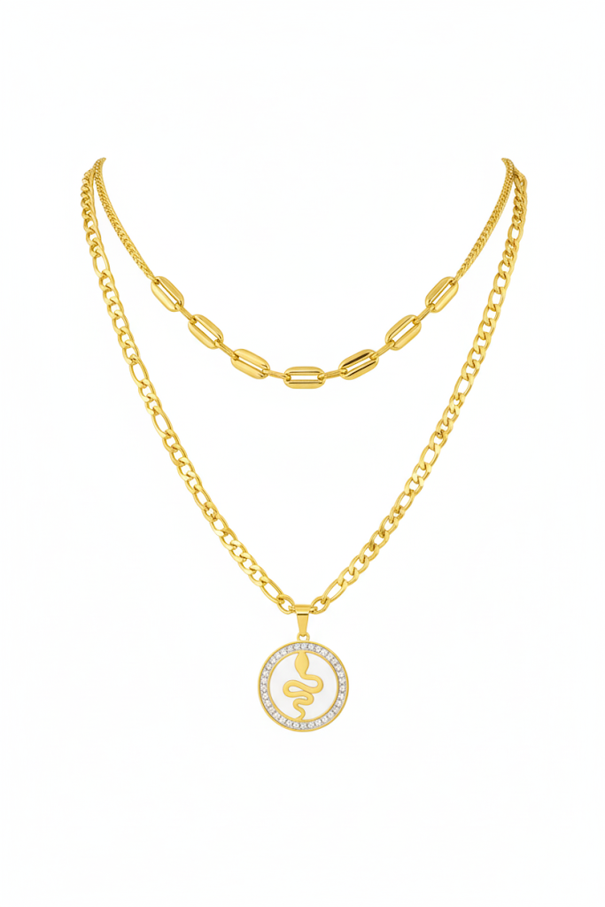 Stainless Steel Layered Snake Pendant Necklace – Gold