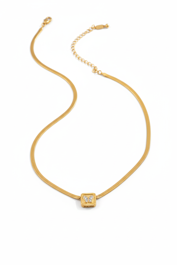 Stainless Steel Square Crystal Butterfly Pendant Necklace – Gold