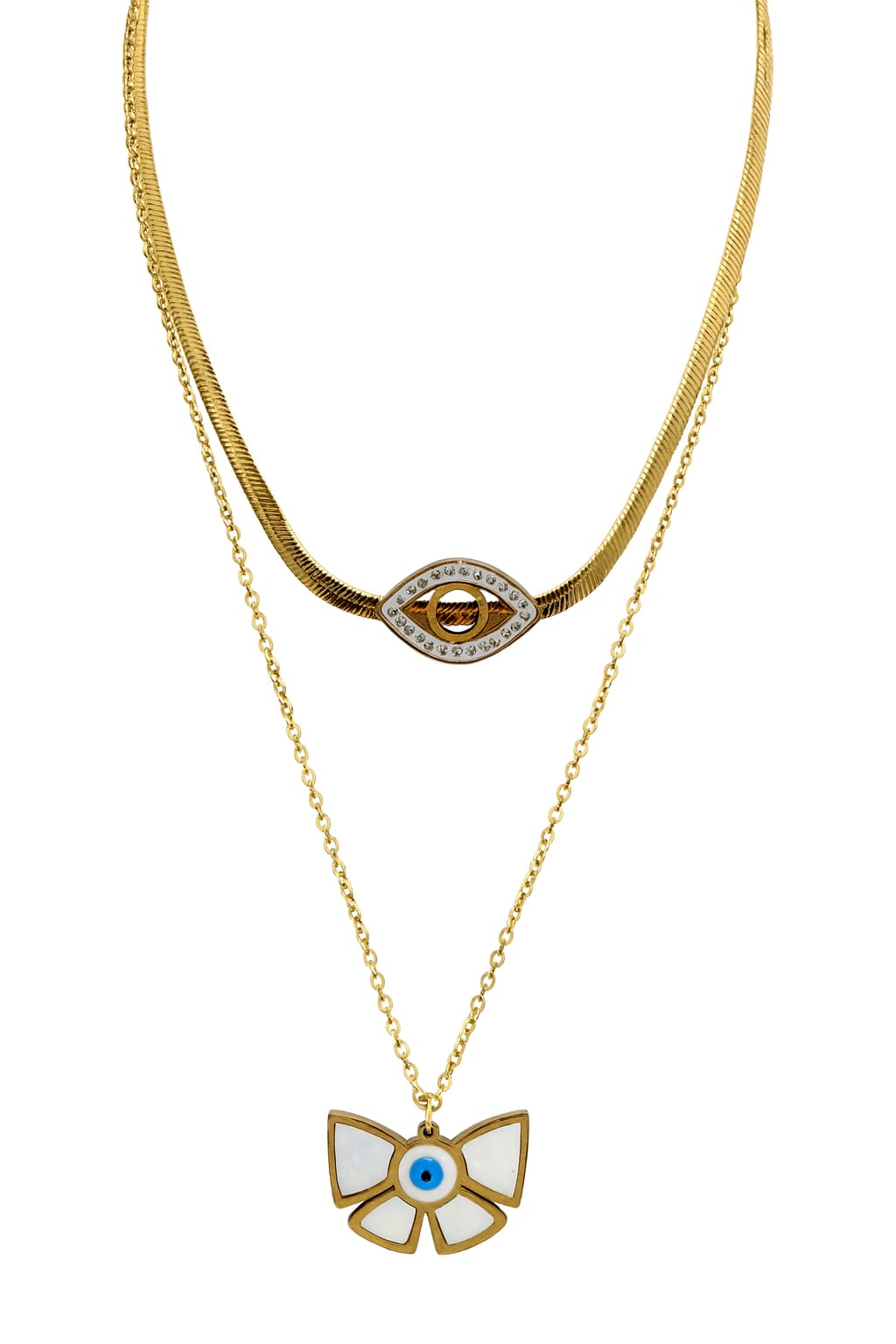 Stainless Steel Layered Necklace Eye and Bow Pendants – Gold