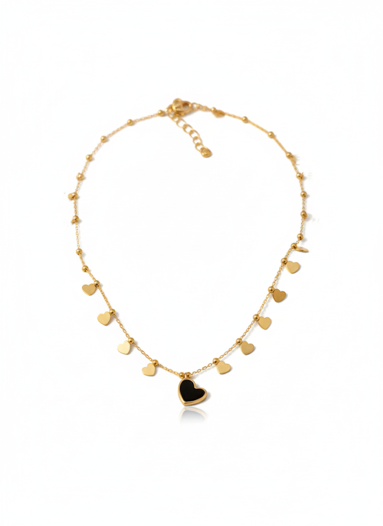 Stainless Steel Heart Pendant Necklace with Black Charm – Gold