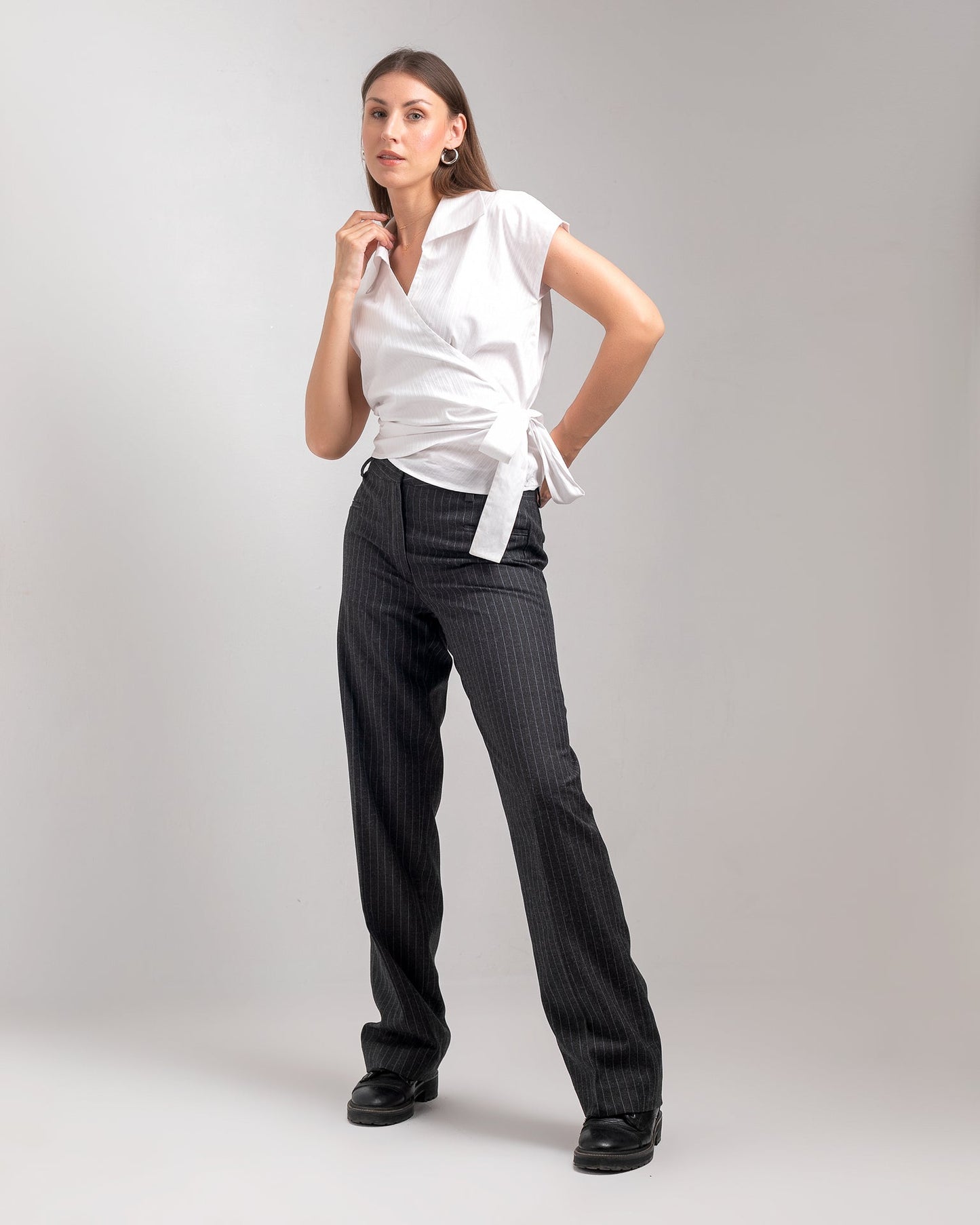 Pinstripe Straight-Leg Trousers - Charcoal Grey