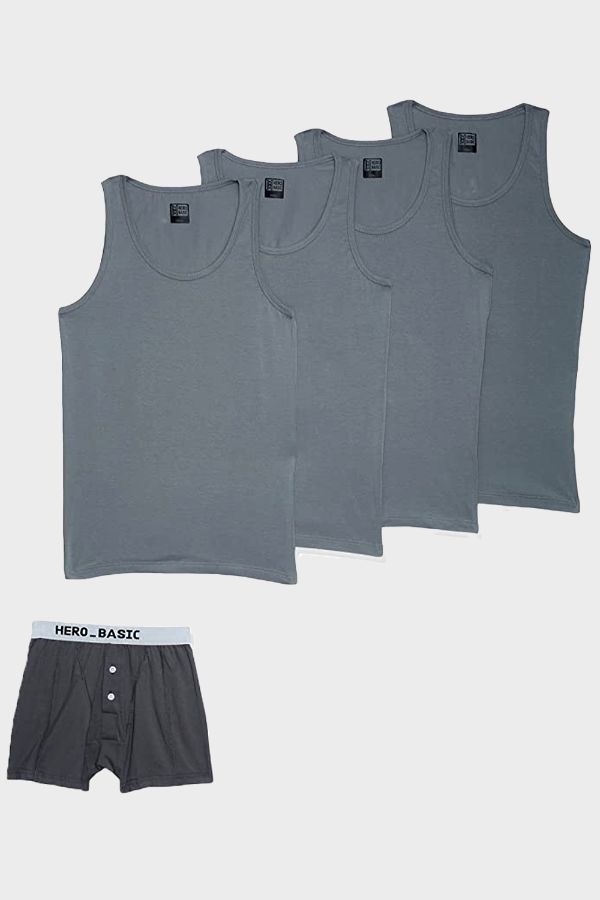 Cotton Solid Tank Top Set of 4 with Free Boxer – Grey