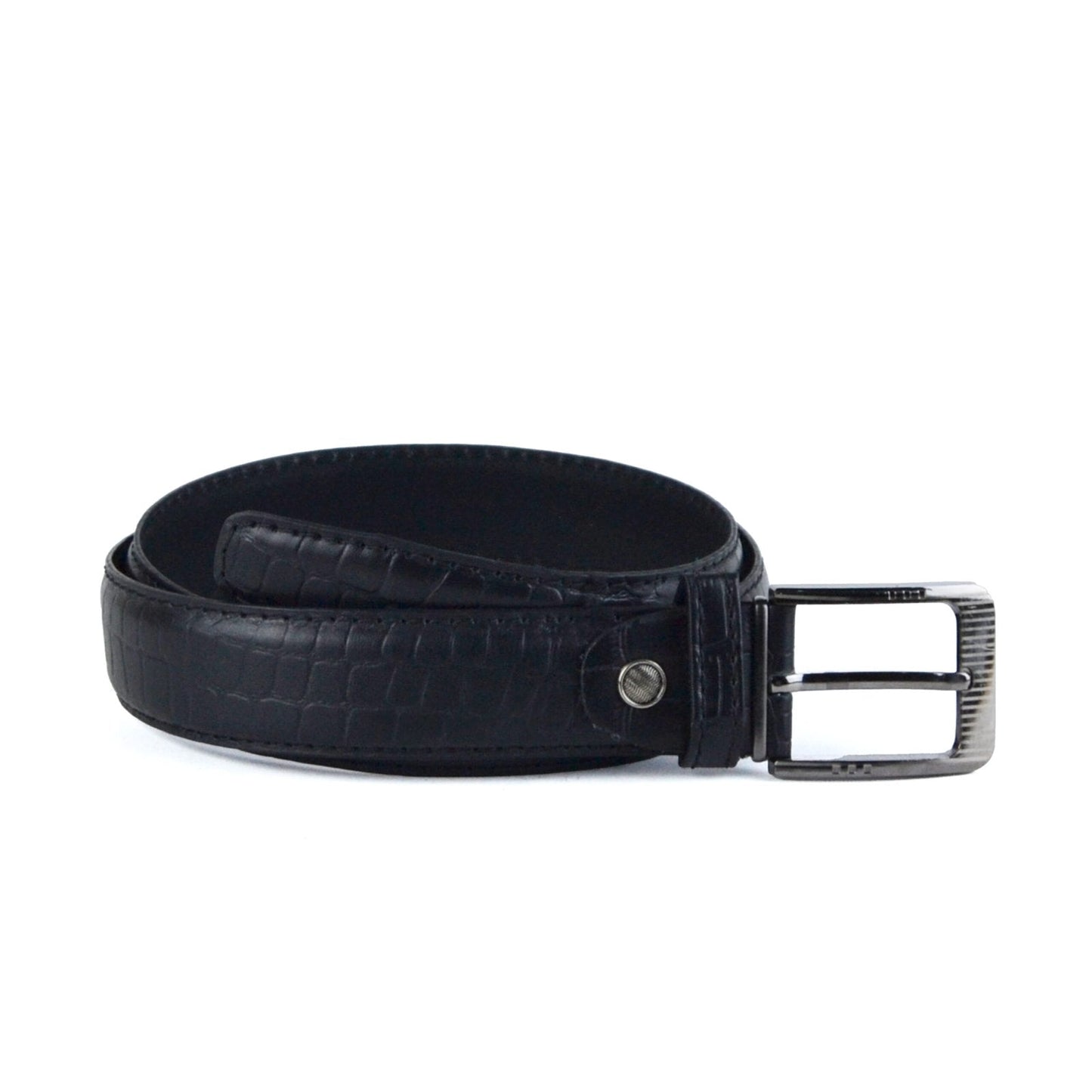 Leather Crocodile-Pattern Belt - Black