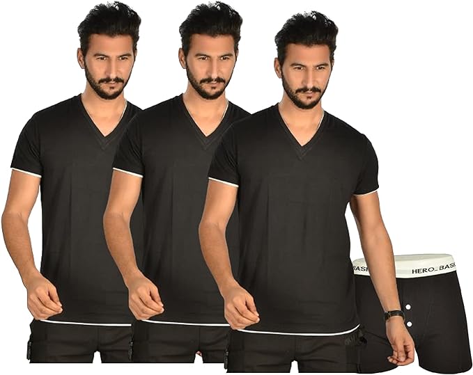 Bundle Pack of 3 Cotton V-Neck Solid T-Shirt with Free Boxer – Black