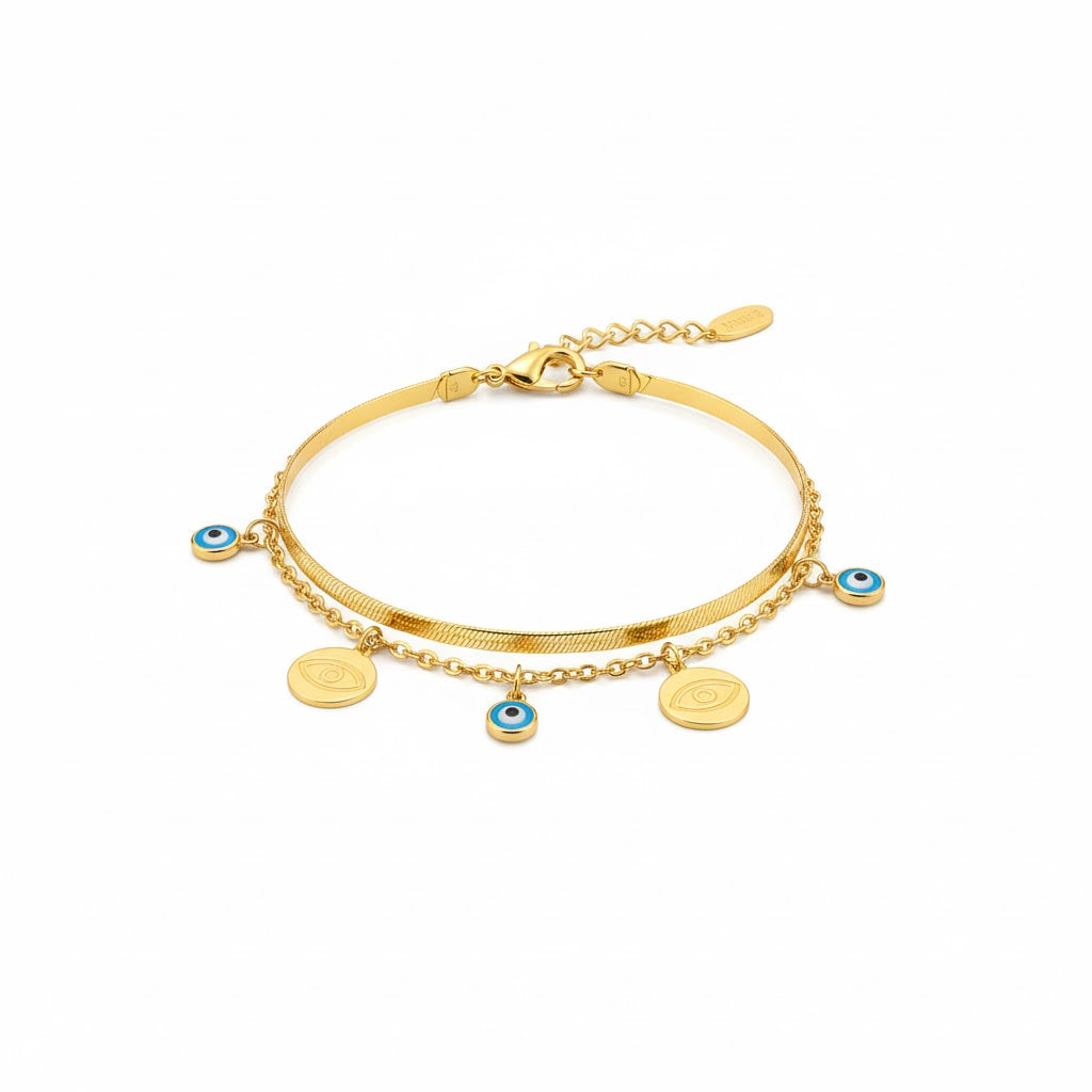 Stainless Steel Double Layer Evil Eye Charm Bracelet – Gold