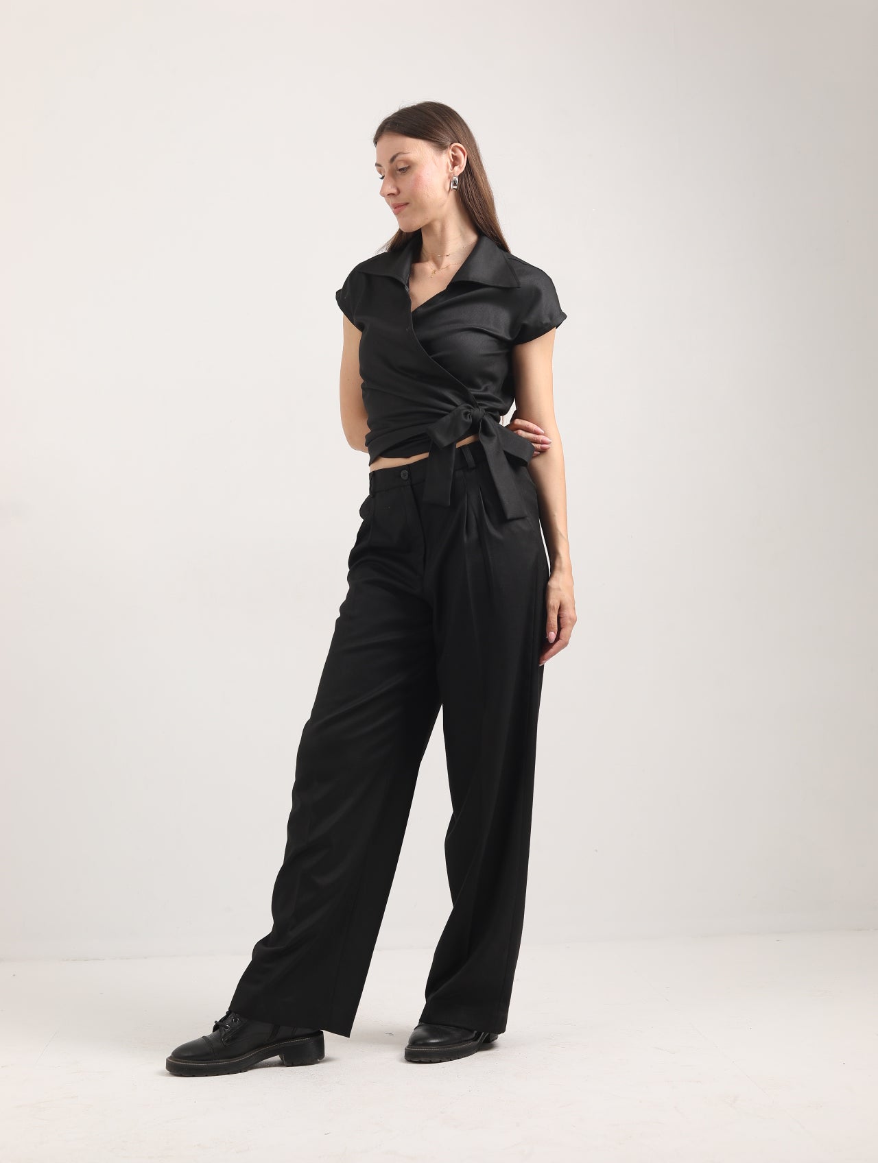 Blended Fabric Wrap Blouse – Black