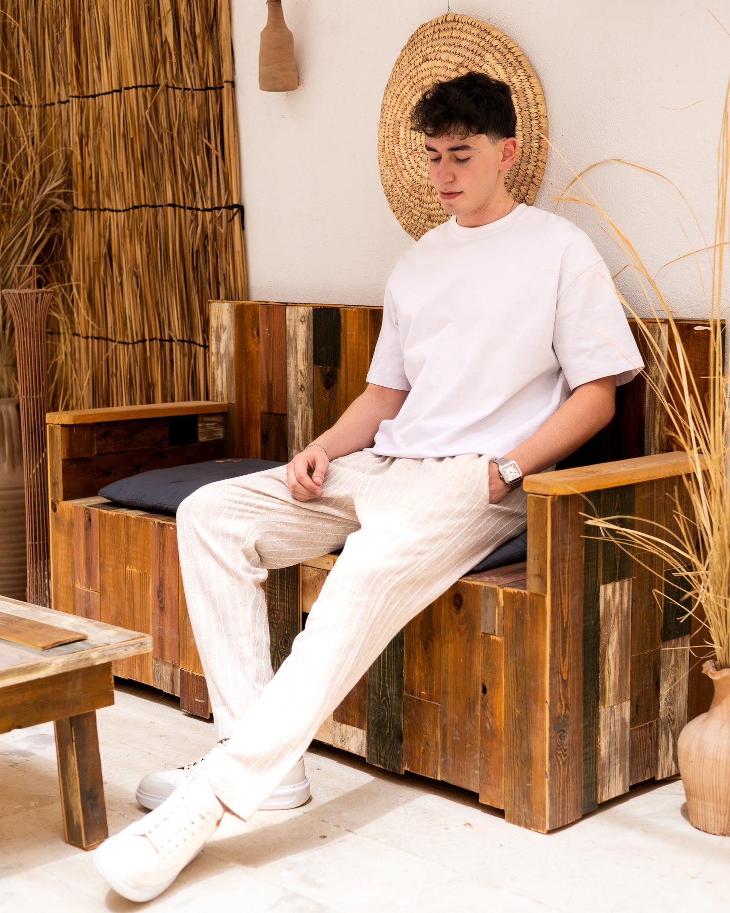 Striped Crude Linen Pants - Beige