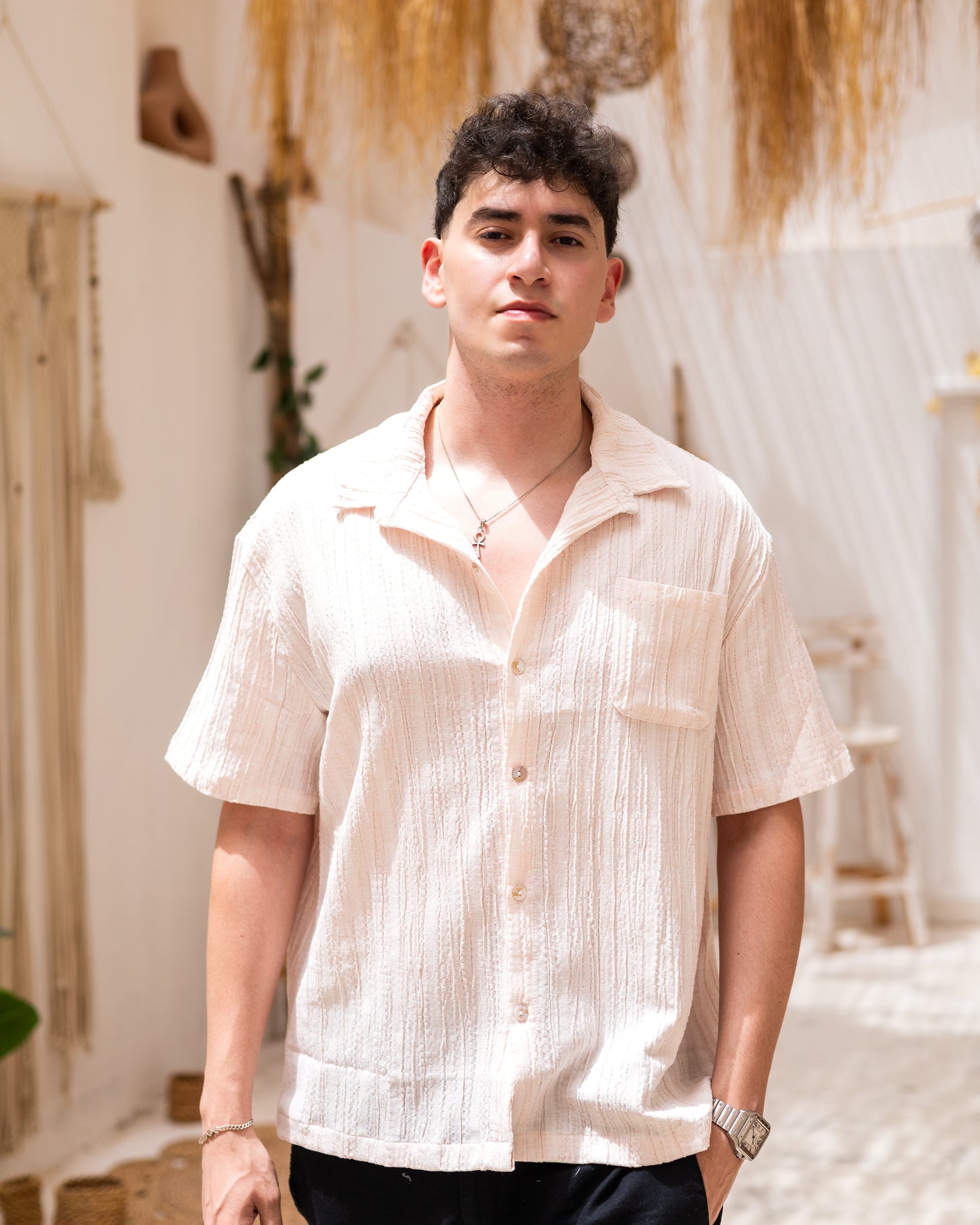Linen Textured Short Sleeve Shirt - Orange