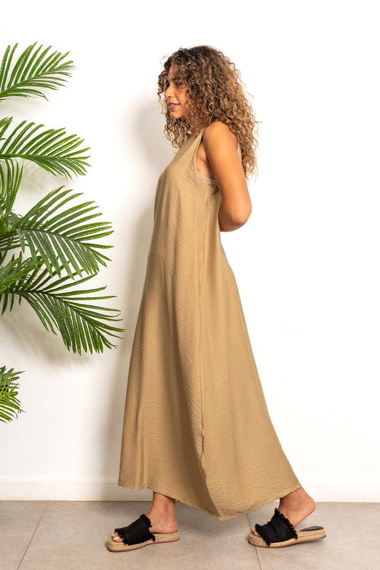 Cotton Lycra Long Linen Dress – Beige