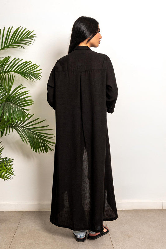 Wide Linen Shirt Dress - Black