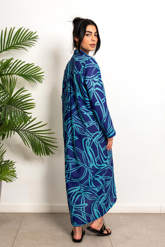 Wide Linen Shirt Dress - Turquoise & Purple