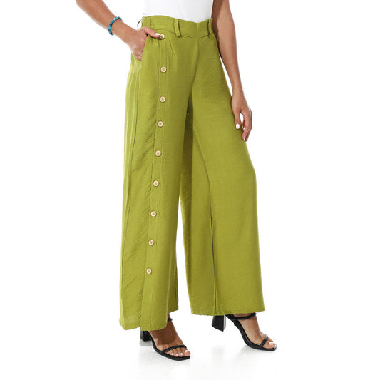 Buttons On One Leg Lenin Pants - Light Olive