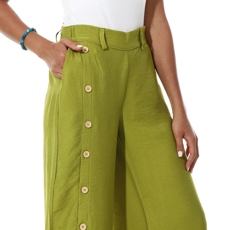 Buttons On One Leg Lenin Pants - Light Olive