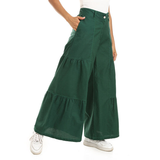 Wide-Leg Tiered Pants - Dark Green