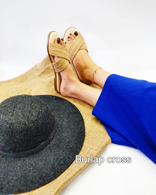 Burlap Cross Slippers - Beige