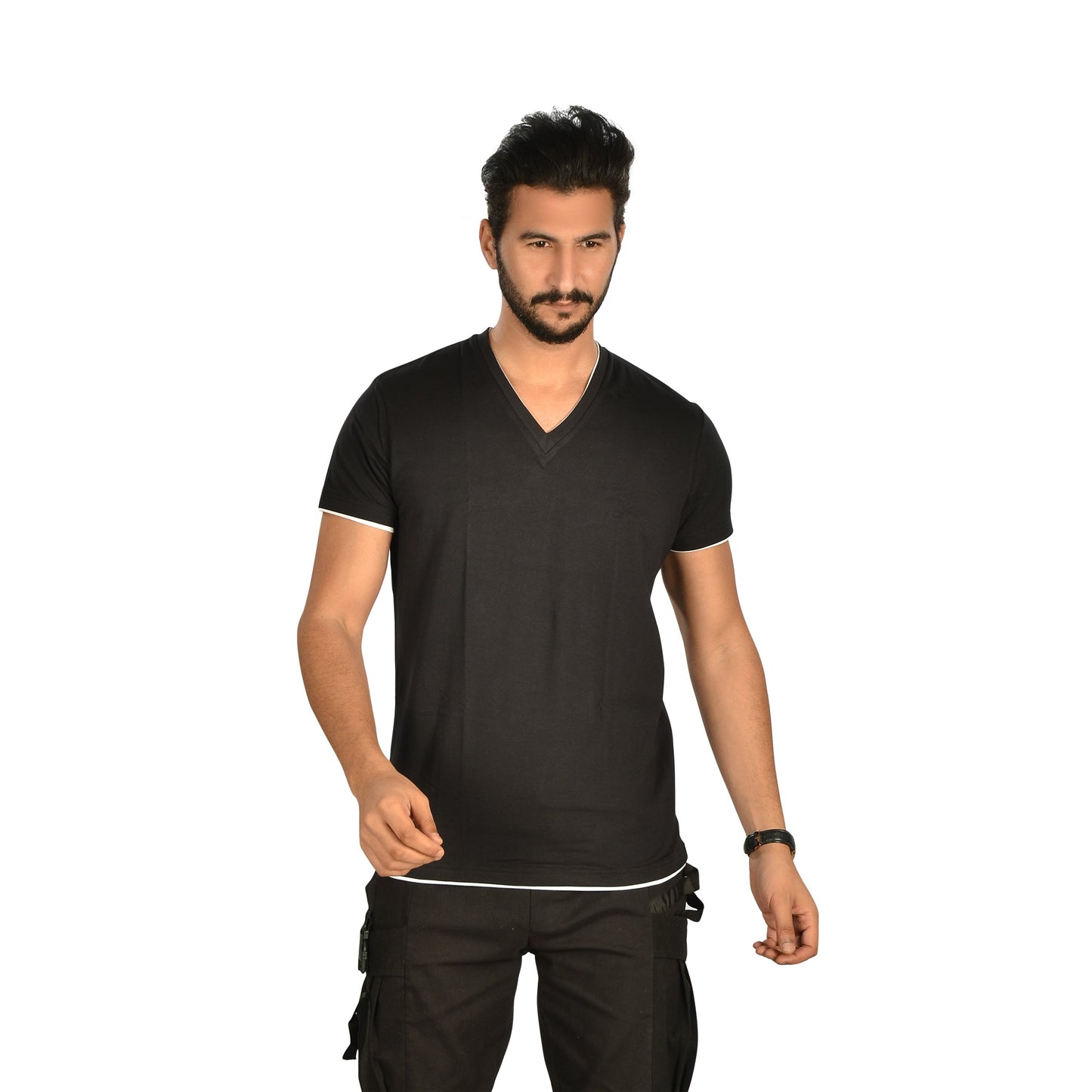 Cotton Lycra Solid V-Neck Short Sleeve T-Shirt – Black