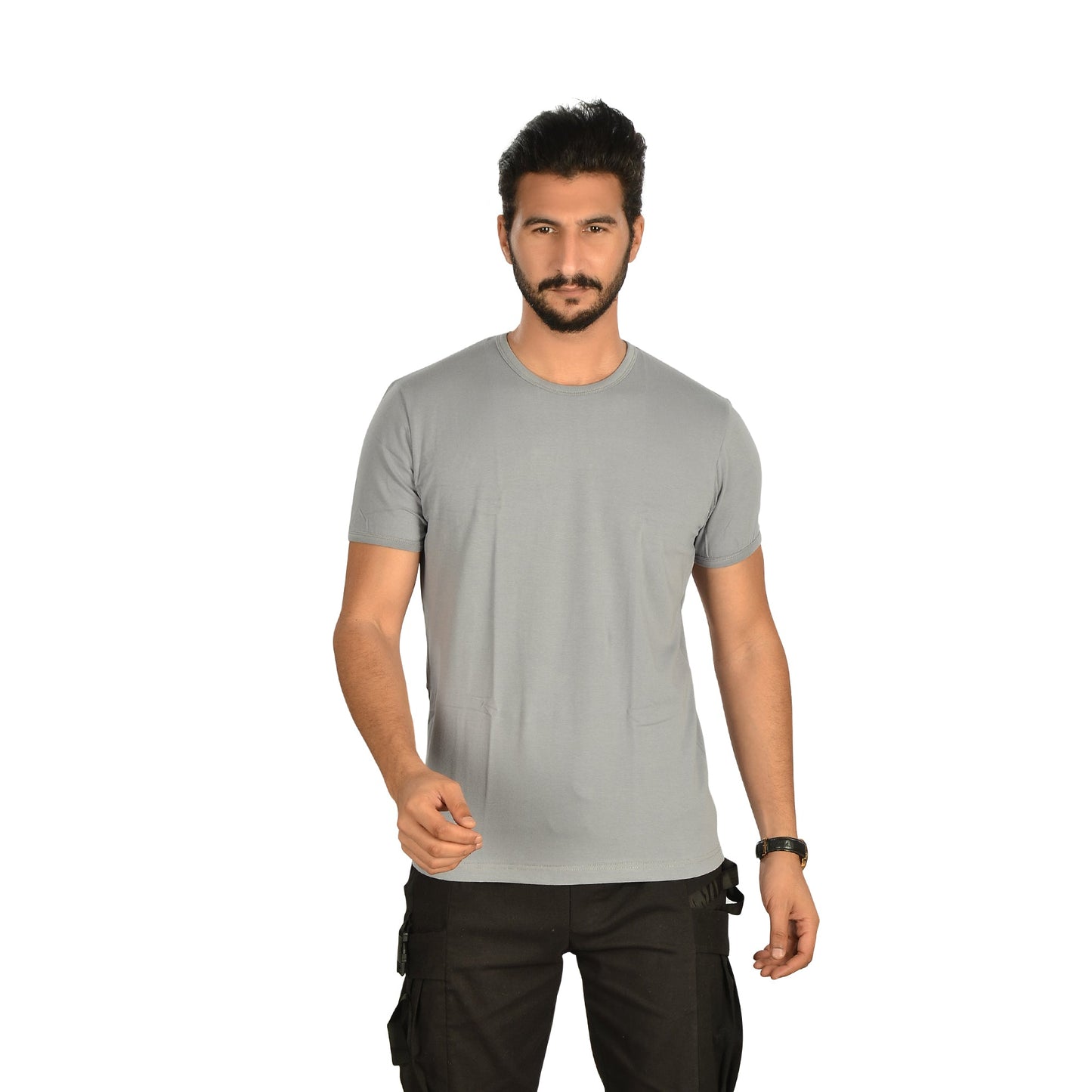 Cotton Solid Round Neck T-Shirt Set of 4 with Free Boxer – Grey