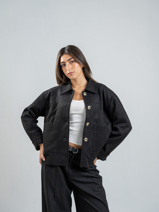 Suede Solid Button Jacket – Black